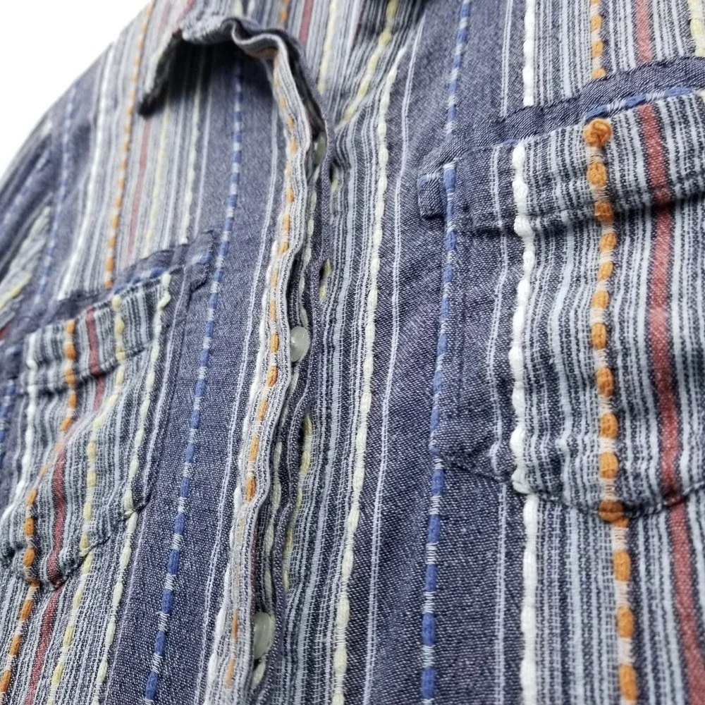 Serengeti Blouse Women M Blue‎ Striped Cotton Long Roll Sleeve Hippie Boho Slim